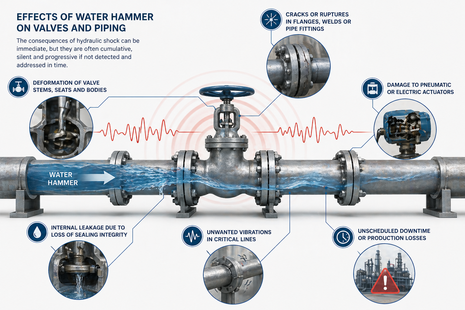 Infographic showing the effects of water hammer on valves and piping