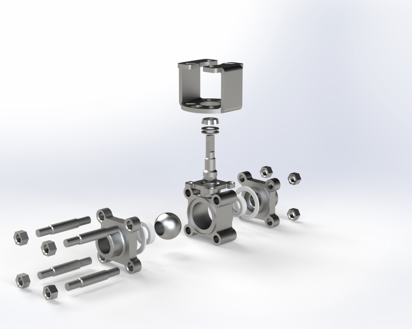 Exploded view of 3 piece exotic alloy ball valve