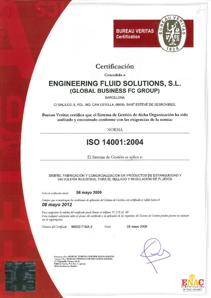 Engineering Fluid Solutions ISO 14001 2004 ENAC certificate for environmental management