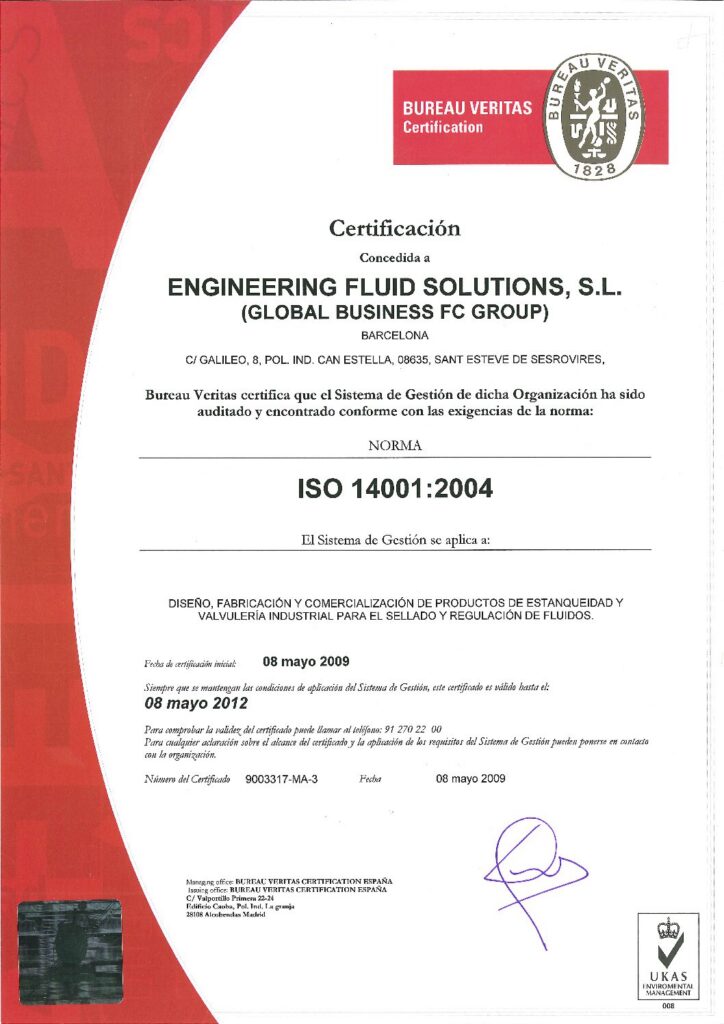 Engineering Fluid Solutions ISO 14001 2004 UKAS certificate for environmental management