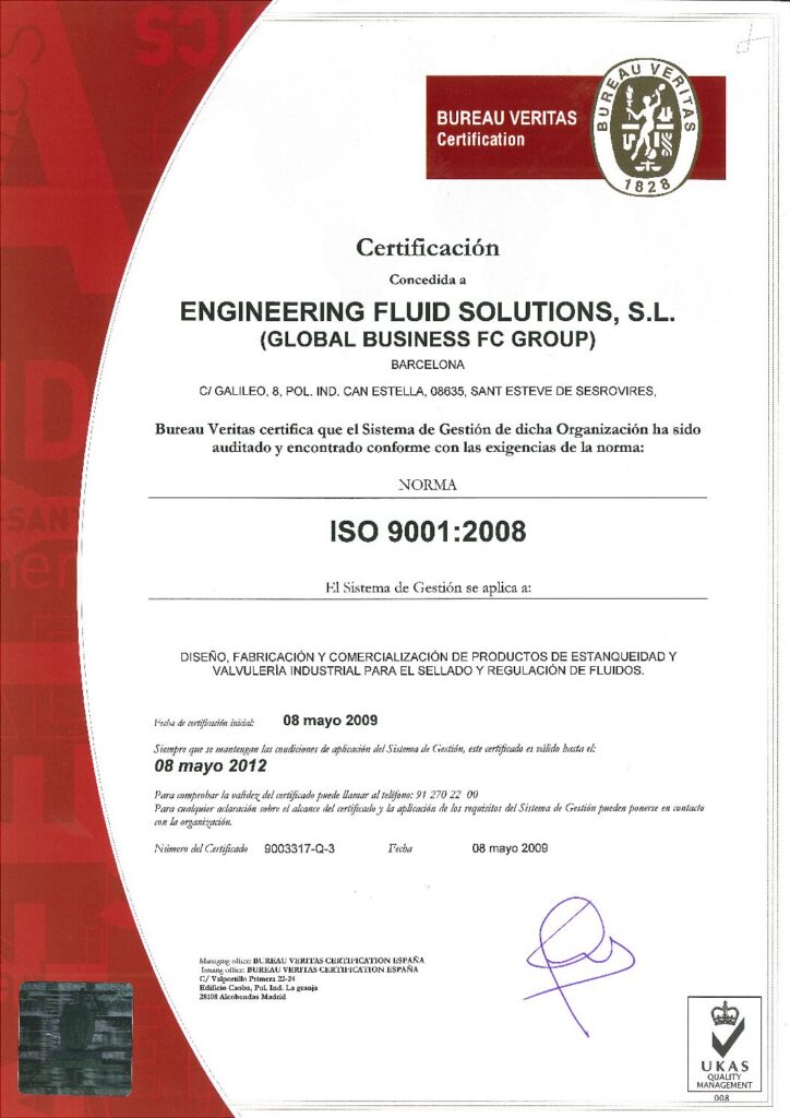 Engineering Fluid Solutions ISO 9001 2008 UKAS certificate for industrial valves and sealing solutions