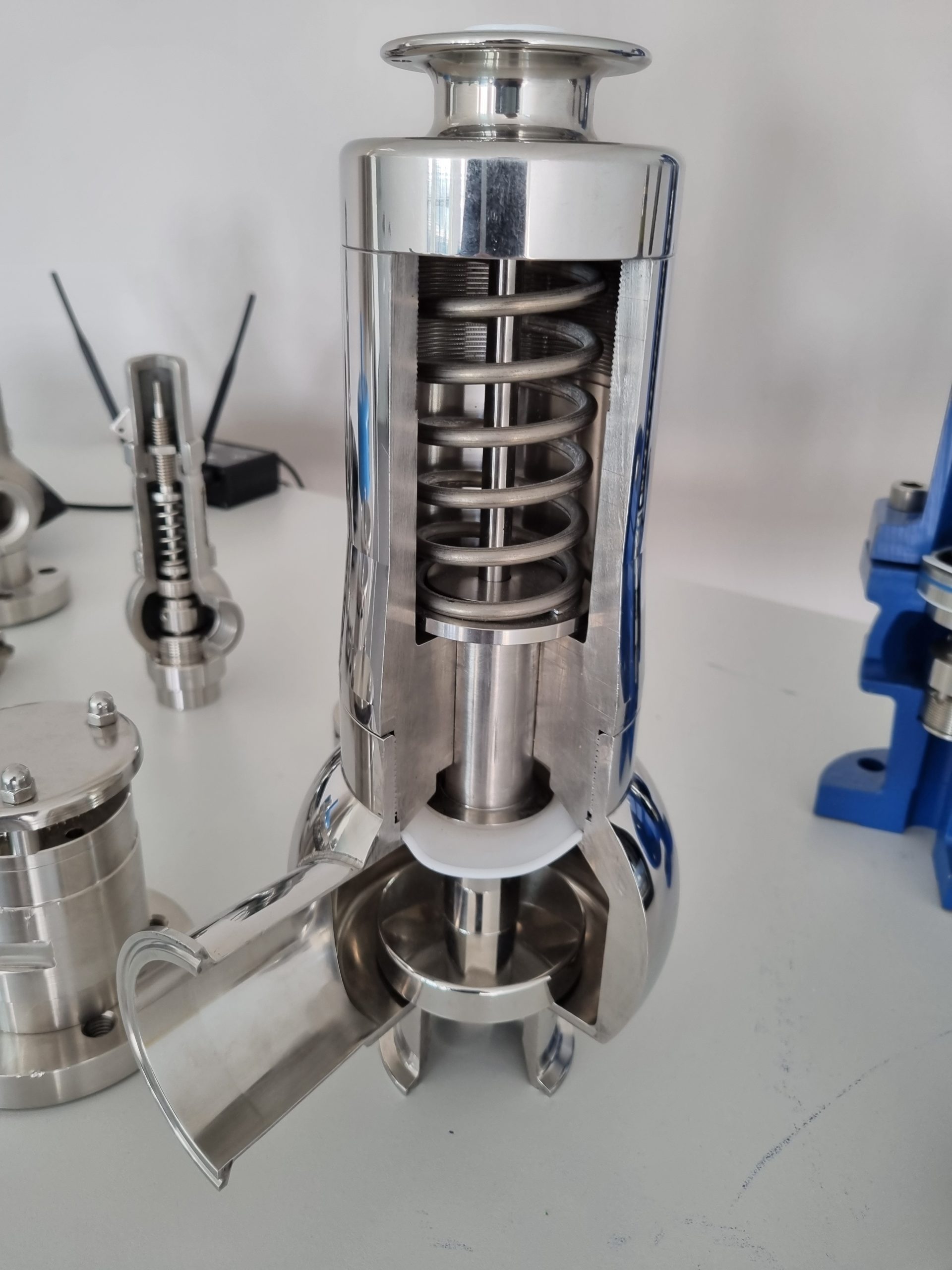 Full EF010 sanitary pressure safety valve cutaway with spring-loaded internal assembly