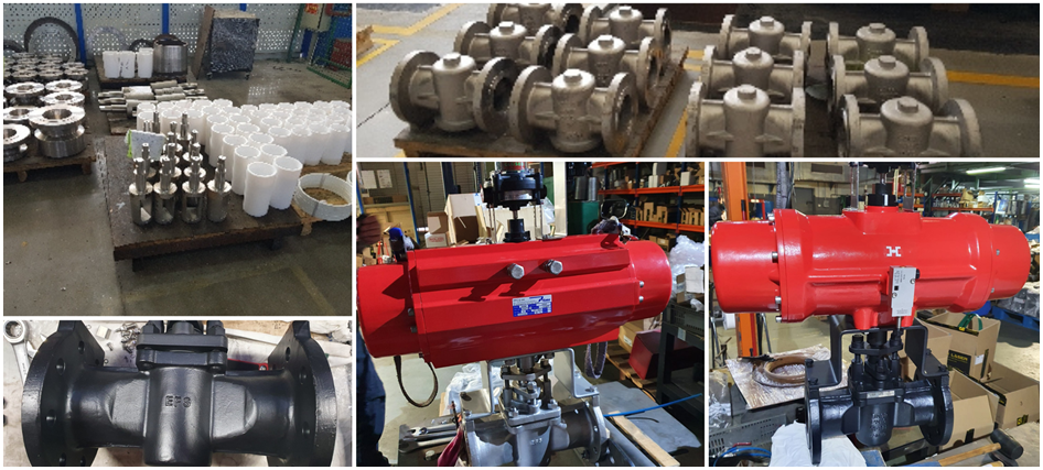 Workshop overview of PTFE-coated plug valves, components and pneumatic actuator assemblies